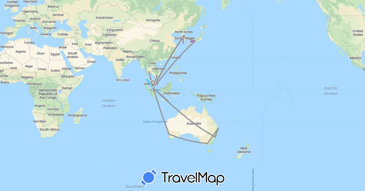 TravelMap itinerary: driving, plane, train, boat in Australia, Indonesia, Japan, South Korea, Singapore, Thailand, Vietnam (Asia, Oceania)
